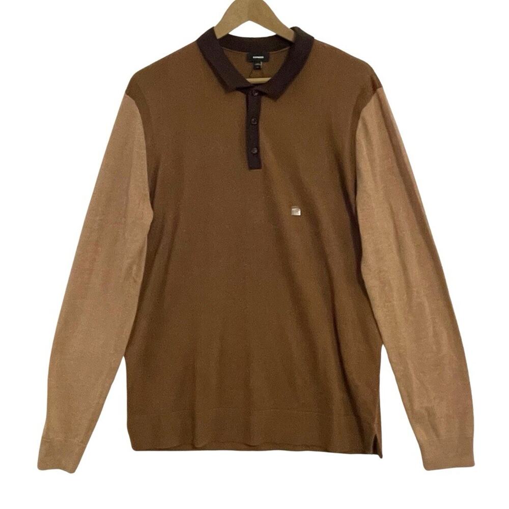 Express Men’s Merino Wool Polo Sweater Large Brown Color Block Long Sleeve NEW